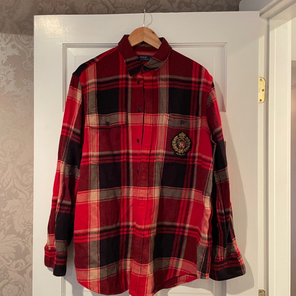 Red and Black Plaid Shirt with Crest Flannel Polo Ralph Lauren Women’s L Blouse